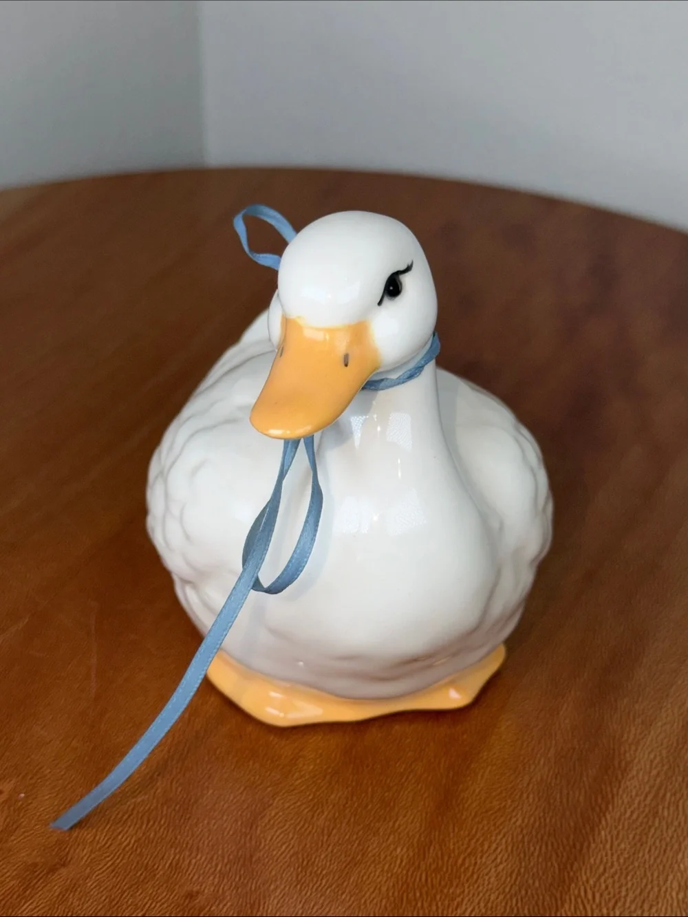 Vintage Hand Crafted Hand Made Ceramic Duck White Yellow Blue Bow Farmhouse